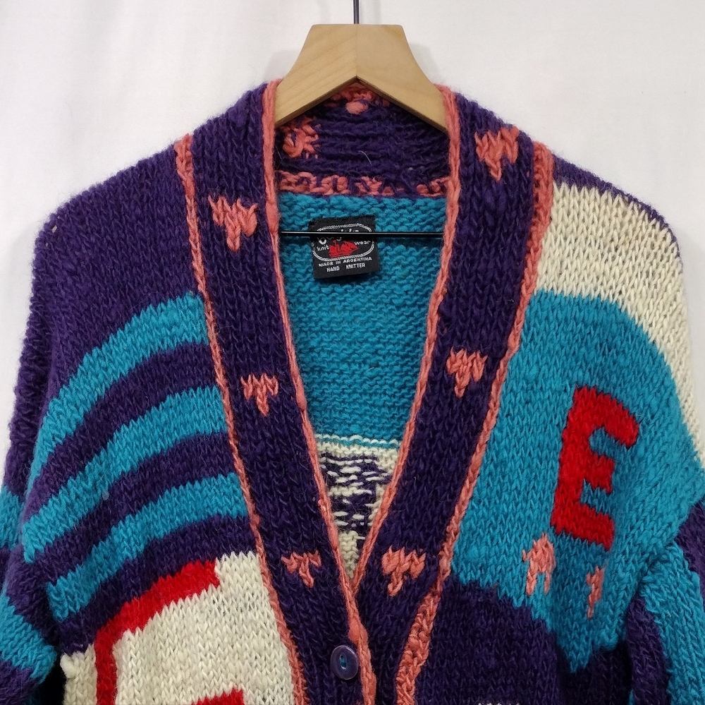 Vintage Bagnins Wool Graphic Sweater Cardigan Women's XL Handknit Boho Retro Y2K - Picture 2 of 8